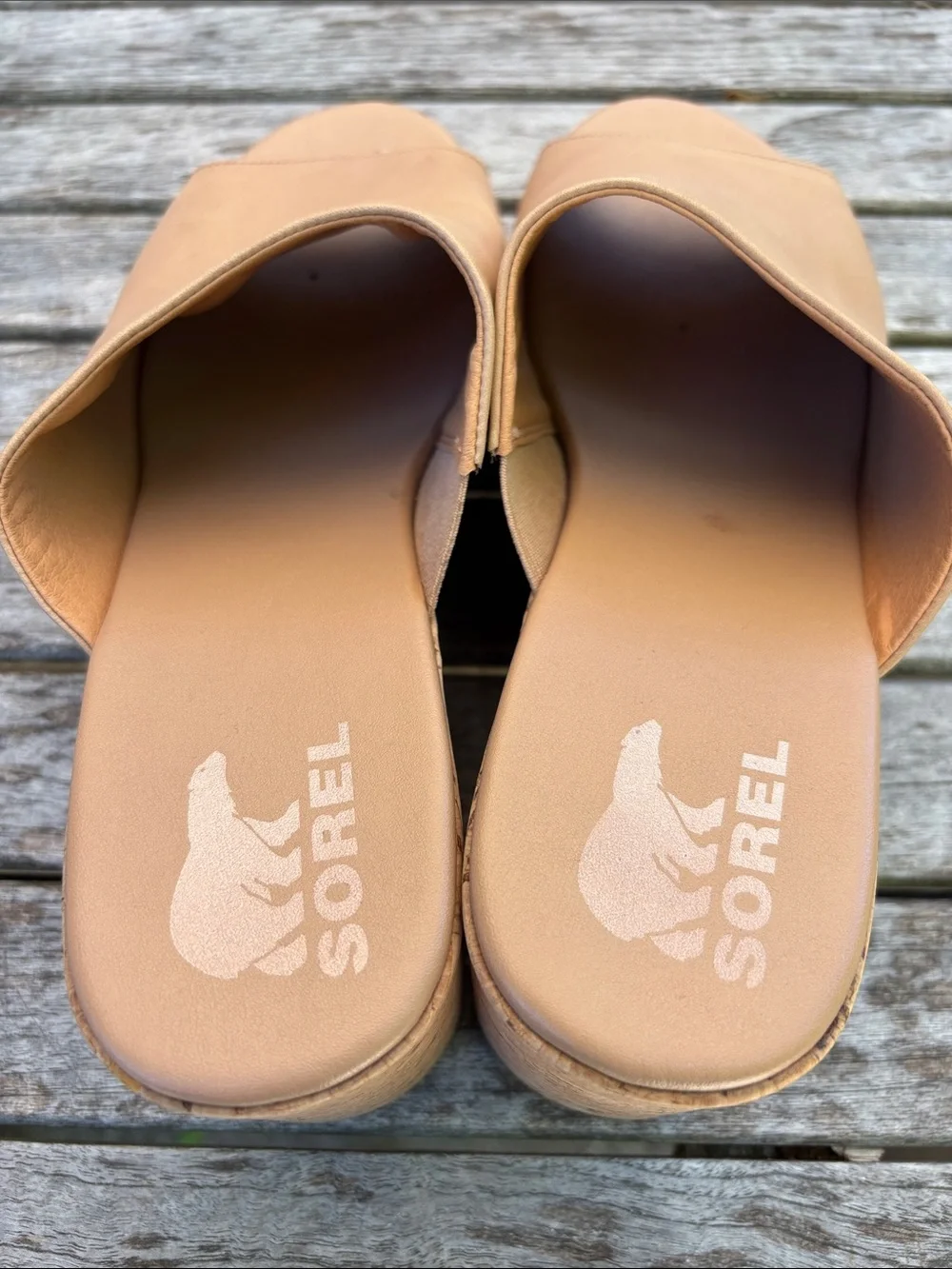 Sorel Leather Cork Platform Wedge Slide Sandals | Tan | Size 12